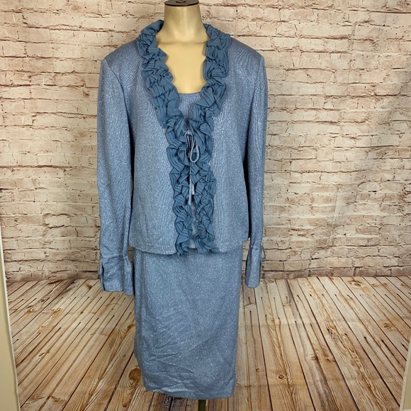 St. John Skirt Suit Blue Metallic Santana Knit